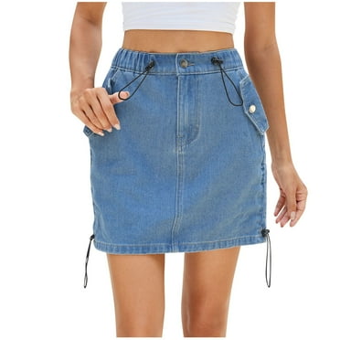 Npasoilc Denim Skirts for Women Trendy Elastic High Waist Stretchy Wrapped Jean Skirt Solid Color Casual Mini Skirt