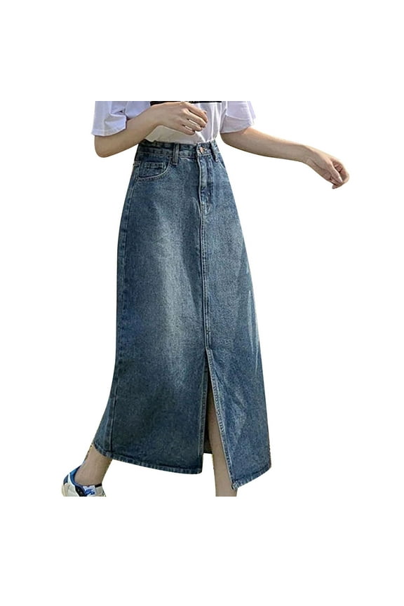 Denim Skirts for Women Trendy High Waist Button Front Slit Stretchy A-line Jean Skirt Solid Color Casual Midi Cargo Skirt