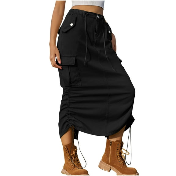 Npasoilc Denim Skirts for Women Vintage High Waist Button Drawstring Stretchy Back Slit Jean Skirt Solid Color Casual A-Line Cargo Skirt with Pockets