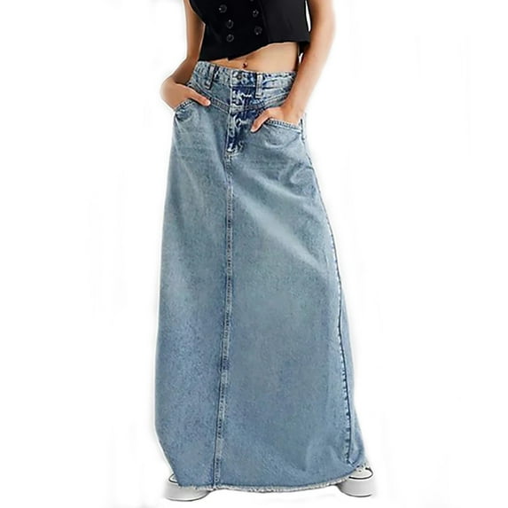 Npasoilc Denim Skirts for Women Vintage High Waist Frayed Fringe Hem Stretchy Jean Skirt Solid Color Casual Loose Ankle-Length Skirt