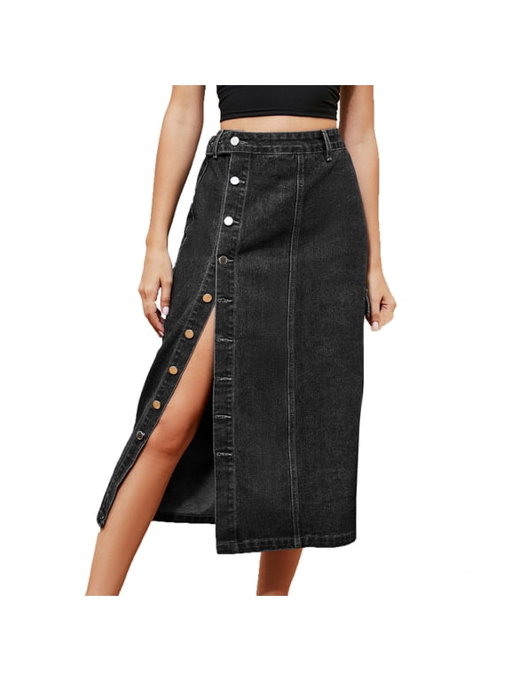 Denim Skirts for Women Vintage High Waist Side Slit Button Down Straight Jean Skirt Solid Color Casual A-Line Cargo Skirt