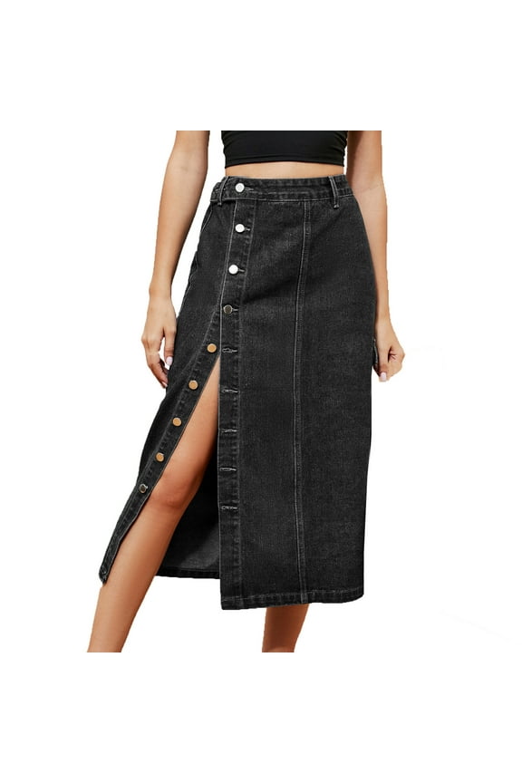 Denim Skirts for Women Vintage High Waist Side Slit Button Down Straight Jean Skirt Solid Color Casual A-Line Cargo Skirt