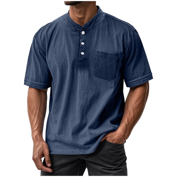 Npasoilc Distresed Shirts for Men Trendy Button Round Neck Blouse Lightweight Breathable Short Sleeve Tops Casual Loose T-Shirts