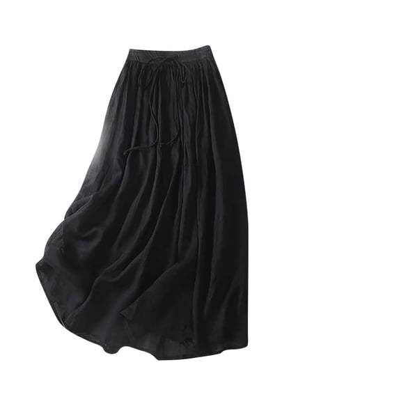Npasoilc Double Layer Linen Ankle Skirt for Women Summer Solid Elastic Waistband Temperament Half Skirt
