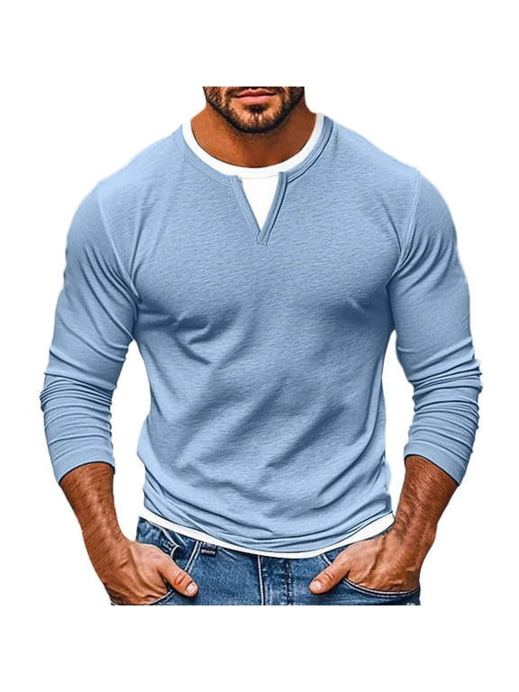 Double-Layer Shirts for Men Long Sleeve Patchwork Round Neck Pullover T-Shirts Lightweight Breathable Base Shirts Casual Loose Blouse Tops