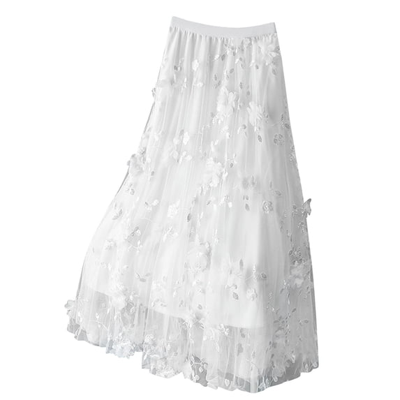 Npasoilc Double Layer Three Dimensional Flower Mesh Midi Skirt for Women High Waist Half Skirt