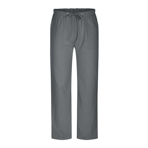 Npasoilc Drawstring Pants for Men Cotton Linen Elastic Waist Straight-Leg Trousers Solid Color Casual Loose Pants with Pockets