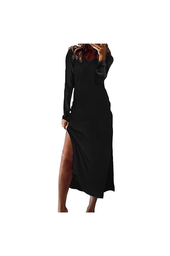Dresses For Women Tendy Long Sleeve V-Neck Side Slit Draping Flowy Hem Solid Color Casual Loose Midi Dress