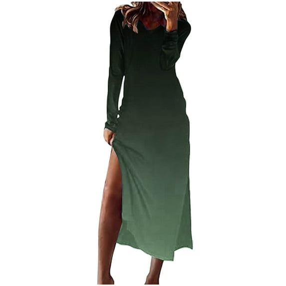 Npasoilc Dresses For Women 2024 Trendy Long Sleeve V-Neck Side Slit Draping Flowy Hem Gradient Color Casual Loose Midi Dress