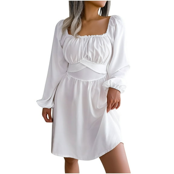 Npasoilc Dresses for Women Trendy Long Puffy Sleeve High Waist Pleated Ruffle Hem Square Neck Waist Cinched Dresses Solid Color Casual Mini Dress