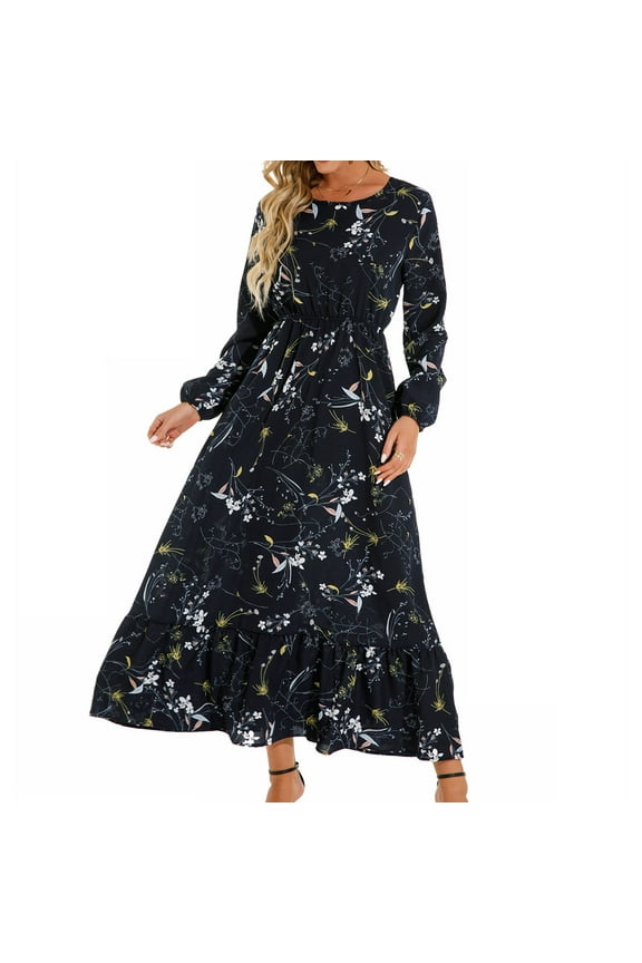 Dresses for Women Fall Trendy Long Sleeve High Waist Tiered Ruffle Flowy Hem A-line Lightweight Comfy Dresses Floral Printed Casual Ankle-Length Dress