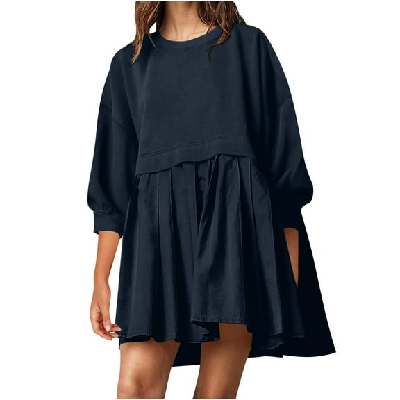 Npasoilc Dresses for Women Trendy 3/4 Sleeve Round Neck Drop Shoulder Patchwork Pleated Flowy Hem Pullover Shirt Dress Solid Color Casual Loose Mini Hoodless Hoodie Dress