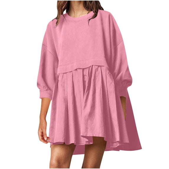 Npasoilc Dresses for Women Trendy 3/4 Sleeve Round Neck Drop Shoulder Patchwork Pleated Flowy Hem Pullover Shirt Dress Solid Color Casual Loose Mini Hoodless Hoodie Dress