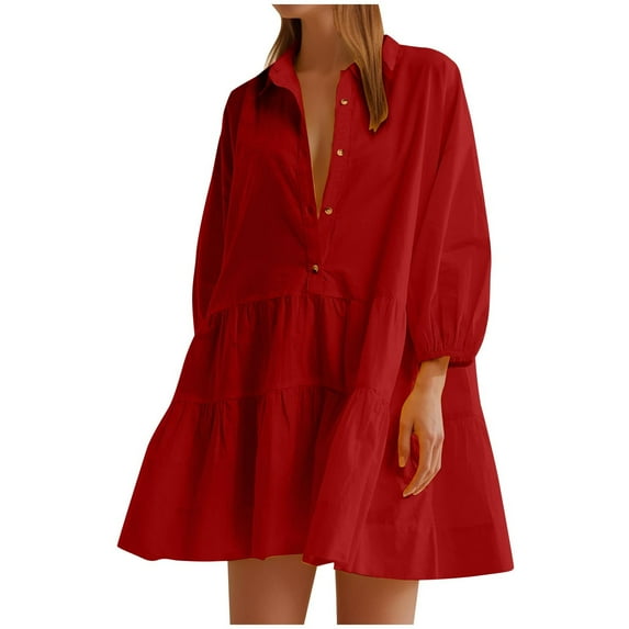 Npasoilc Dresses for Women Trendy Long Puffy Sleeve Button Down Turndown Collar Tiered Pleated Ruffle Hem Lightweight Comfy A-line Dresses Solid Color Casual Mini Shirt Dress