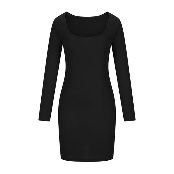 Npasoilc Dresses for Women Long Sleeve Square Neck Stretchy Ribbed Knitted Bodycon Hip Wrap Dress Comfy Solid Color Casual Slim-Fit Dresses