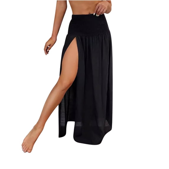 Npasoilc Elastic Waist Ankle Skirt for Women Solid Color Summer Casual A-Line Maxi Half Skirt