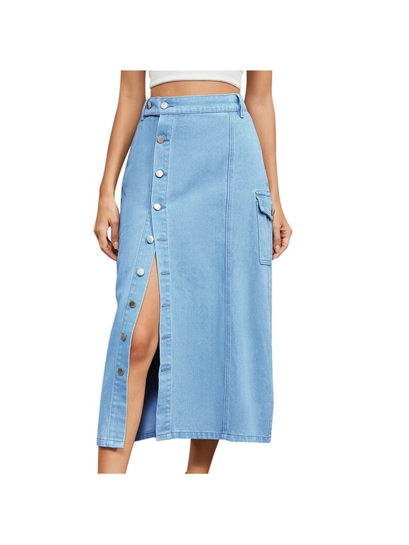 Elastic Waist Slit Cowboy Skirt for Women Solid Color Button Denim Half Skirt