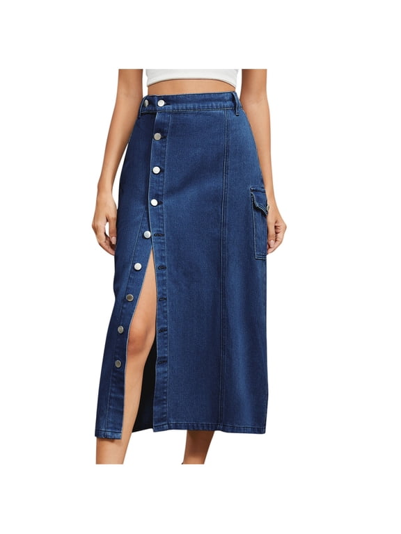 Elastic Waist Slit Cowboy Skirt for Women Solid Color Button Denim Half Skirt