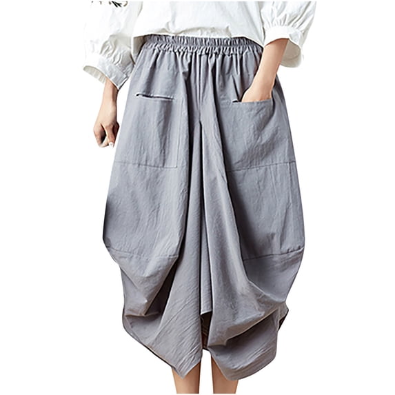 Npasoilc Elastic Waist Solid Linen Loose Large Lantern Skirt for Women Half Skirt