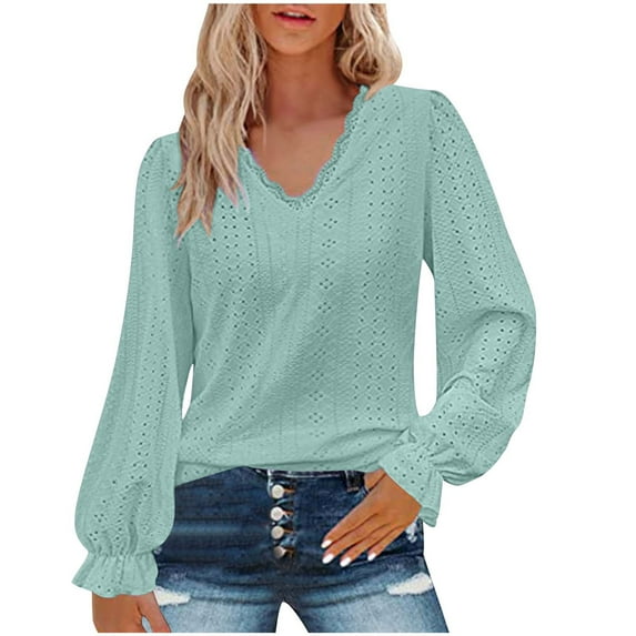 Npasoilc Eyelet Blouses For Women Casual V Neck Shirts Ruffle Long Sleeve Shirt Loose Work Office Tunic Tops Comfy Soft Fall Top Dressy Shirts