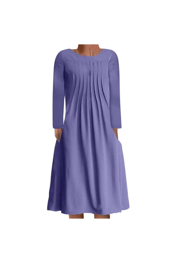 Fall Dresses For Women 2024 Casual Solid Color Long Sleeve Pleated Dresses Round Neck Neck Swing Midi Dress Wedding Guest Dress Party Dresses
