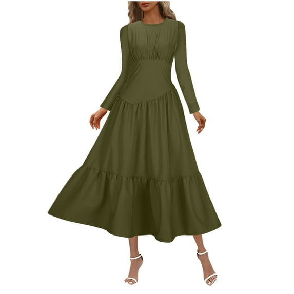 Npasoilc Fall Dresses for Women Trendy Long Sleeve Crewneck High Waist In A-Line Dress Tiered Ruffle Pleated Hem Dresses Solid Color Casual Slim-Fit Midi Dresses