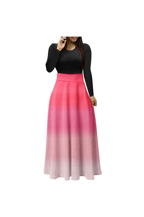 Fall Dresses for Women Trendy Long Sleeve Round Neck High Waist Patchwork Dress Draped Ruffle Hem Gradient Color Casual Full-Length Dresses