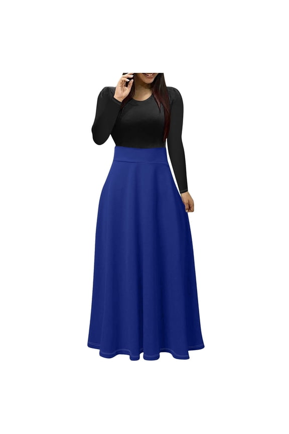 Fall Dresses for Women Trendy Long Sleeve Round Neck High Waist Patchwork Dress Draped Ruffle Hem Solid Color Casual Full-Length Dresses