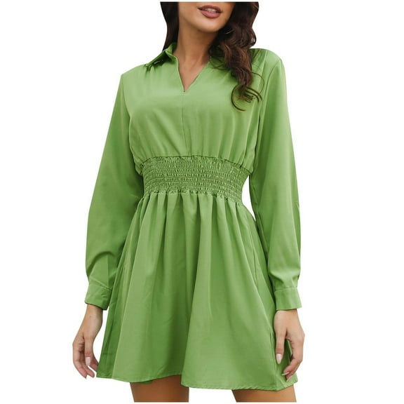Npasoilc Fall Dresses for Women Long Button Sleeve V-Neck Turn Down Collar Elastic High Waist Ruffled Hem Dress Solid Color Casual Loose Dresses