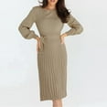 thumbnail image 1 of Npasoilc Fall Dresses for Women Long Puff Sleeve Round Neck High Waist Bandage Pleated Hem Mid-Length Solid Color Casual Slim-Fit Sweater Dresses, 1 of 4