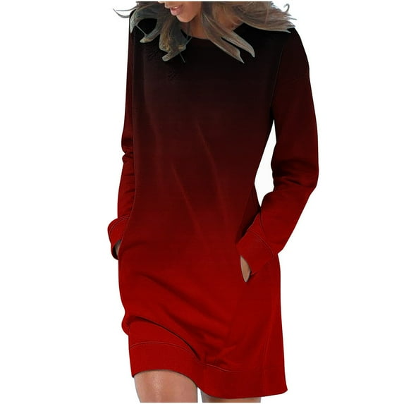 Npasoilc Fall Dresses for Women Long Sleeve Round Neck Holiday Outing Sweatshirts Dress Gradient Color Casual Loose Hoodie Dresses with Pockets
