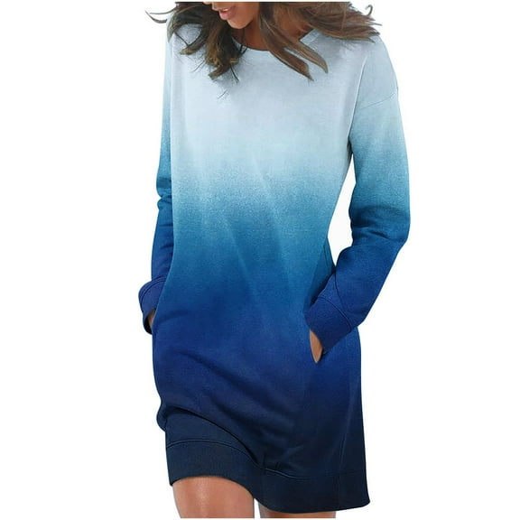 Npasoilc Fall Dresses for Women Long Sleeve Round Neck Holiday Outing Sweatshirts Dress Gradient Color Casual Loose Hoodie Dresses with Pockets