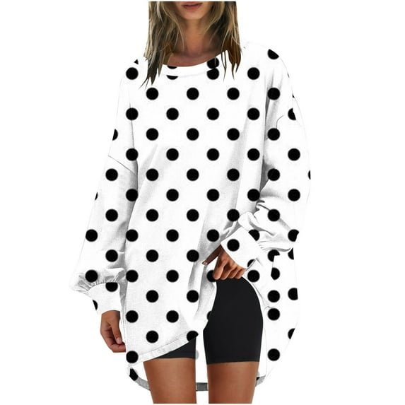 Npasoilc Fall Outfits For Women Casual Oversized Round Neck Polka Dot Printed Long Sleeve Shirt Trendy Blouse Tunic Tops Sweatshirt