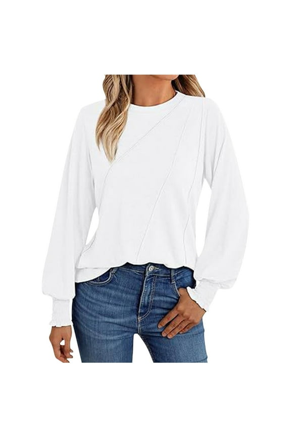 Fall Shirts for Women Pleated Cuffs Long Puff Sleeve Round Neck Pullover Blouse Textured Soft Lightweight Tops Casual Loose Daily T-Shirts