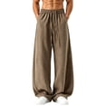 thumbnail image 1 of Npasoilc Flared Wide Leg Sweatpants for Men Linen Trousers Elastic Waist Drawstring Loose Joggers Athletic Pants with Pockets,Coffee, 1 of 7