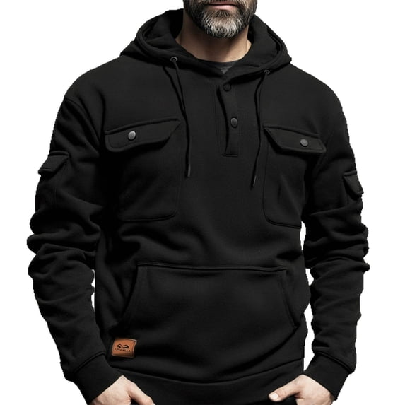 Npasoilc Fleece Sweatshirts for Men Button Drawstring Pullover Hooded Blouse Fall Winter Warm Soft Sweatshirts Casusal Loose Hoodies