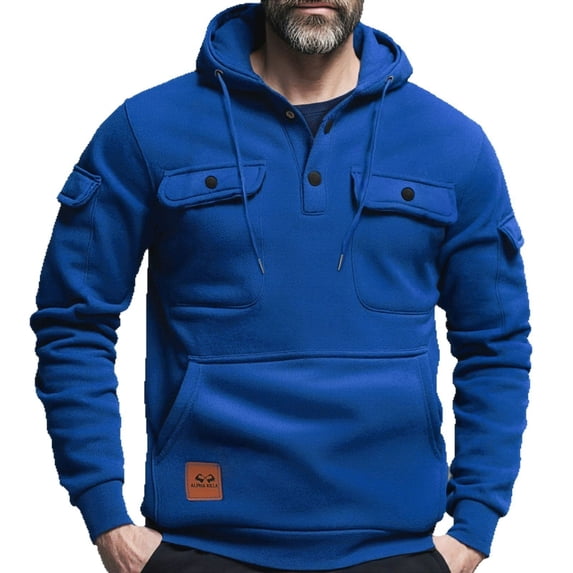 Npasoilc Fleece Sweatshirts for Men Button Drawstring Pullover Hooded Blouse Fall Winter Warm Soft Sweatshirts Casusal Loose Hoodies