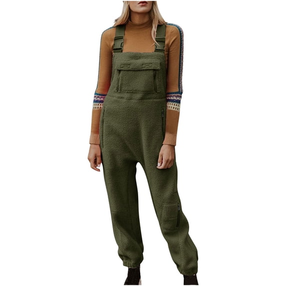 Npasoilc Fleece Zipper Pocket Warm Jumpsuits for Women Crew Neck Sleeveless Winter Casual Overalls