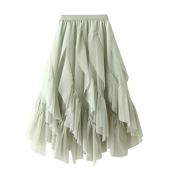 Npasoilc Gauze Skirts for Women Elastic High Waist Tiered Irregular Ruffle Hem A-Line Skirt Solid Color Casual Party Prom Skirt