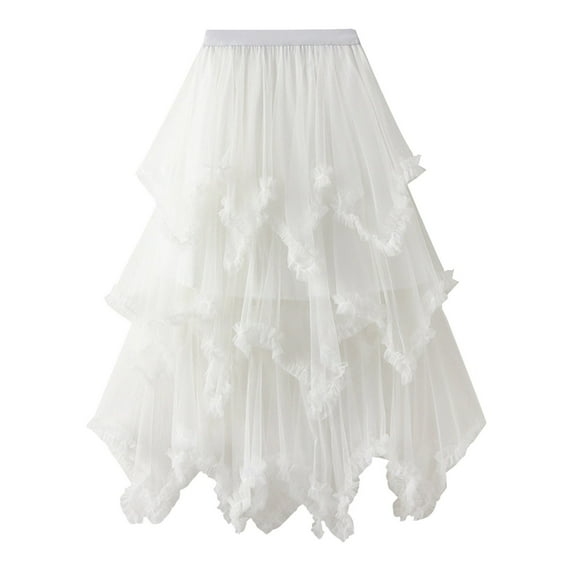 Npasoilc Gauze Skirts for Women Elastic High Waist Tiered Irregular Ruffle Hem Skirt Solid Color Casual Party Cake Skirt