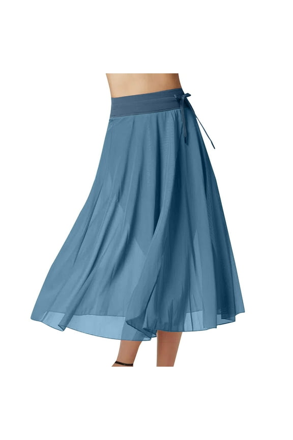 Gauze Skirts for Women High Waist RUffle Hem Pleated A-Line Thin Breathable Flowy Skirt Solid Color Casual Mid-Length Skirt