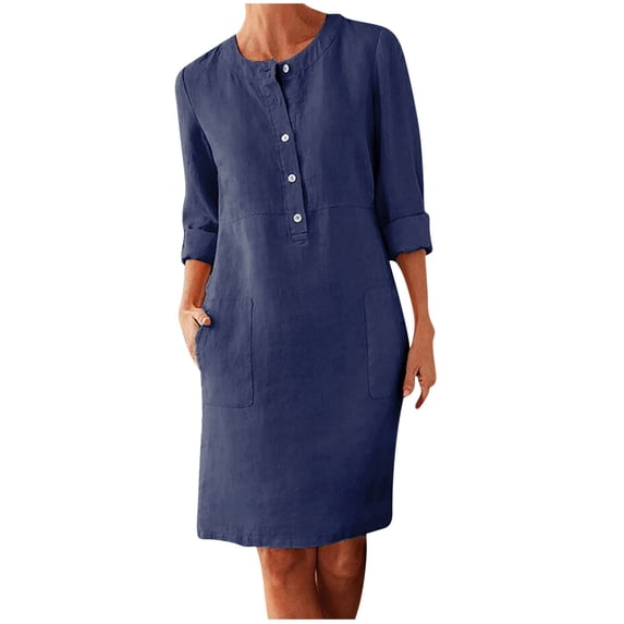 Npasoilc Half Button Dress for Women Crew Neck Long Sleeve Shirts Casual Linen Mini Dresses with Pockets