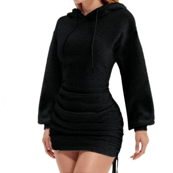 Npasoilc Hoodies Dress For Women Trendy Ruched Drawstring Hooded Sweatshirts Dress Casual Long Sleeve Tunic Dress Oversized Pullover Sweatshirts Dress