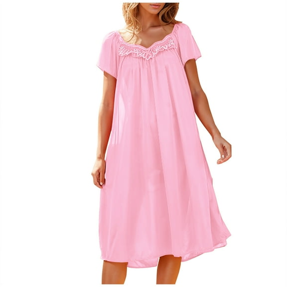 Npasoilc Ice Silk Nightgowns for Women Summer Short Sleeve Lace Patchwork V-Neck Pajama Dresses Thin Breathable Flowy A-Line Nightdress Casual Loose Homewear Dresses