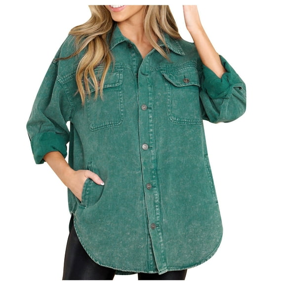 Npasoilc Jean Jacket For Women Casual Oversized Button Up Irregular Hem Long Sleeve Pockets Denim Jacket Fall Jackets Trendy Sweatshirt
