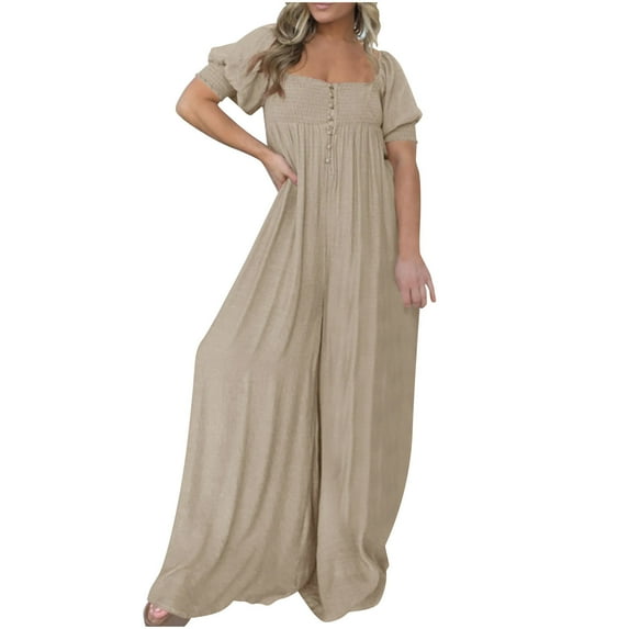 Npasoilc Jumpsuits For Women Summer Smocked Jumpsuits Square Neck Shirred Short Sleeve Casual Wide Leg Long Romper High Waist Wide Leg Pants Romper Outfits
