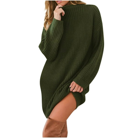 Npasoilc Knitted Dreses for Women Fall Winter Trendy Long Sleeve Mock Neck Dresses Solid Color Casual Loose Knee-Length Dresses