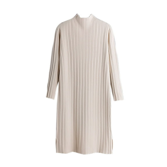 Npasoilc Knitted Dresses for Women Fall Winter Trendy Long Sleeve Turtle Neck Side Slit Sweater Dresses Solid Color Casual Loose Dress
