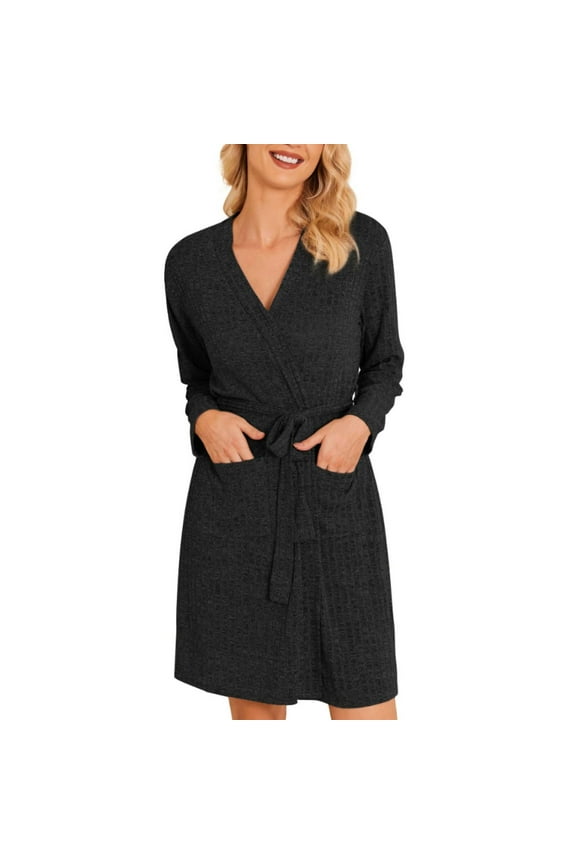 Knitted Ribbed Robes for Women Long Sleeve Waist Bandage Lace-Up Bathrobe Lightweight Comfort Breathable Knee-Length Pajama Robe with Pockets Soft Sleepwear Casual Loungewear