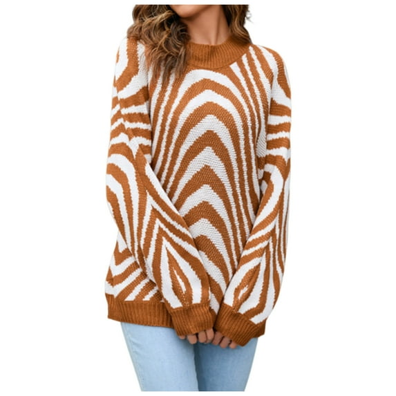Npasoilc Knitted Sweaters for Women Long Sleeve Round Neck Pullover Printed Blouse Fall Winter Comfy Base T-shirts Casual Loose Sweaters